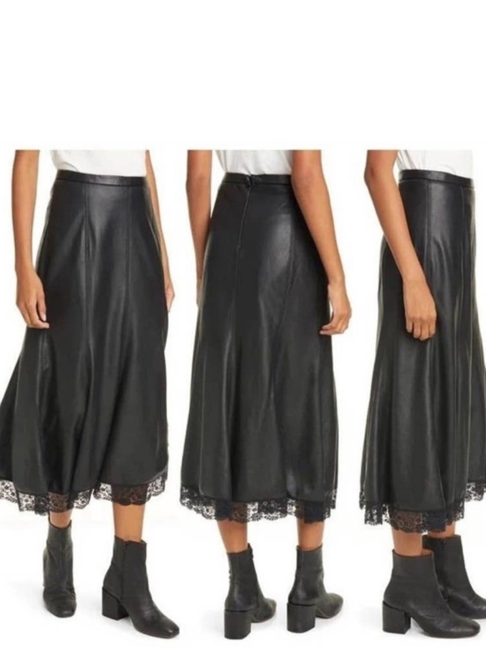 Free People Black Vegan S Leather Midi Skirt with Lace Trim NWOT 0